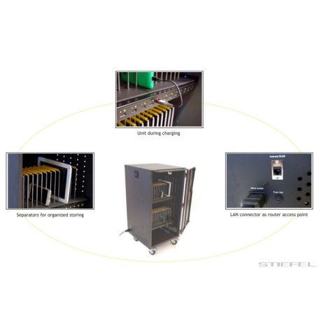 Tablet tartó és töltő guruló fémszekrény (16 db tablet) USB